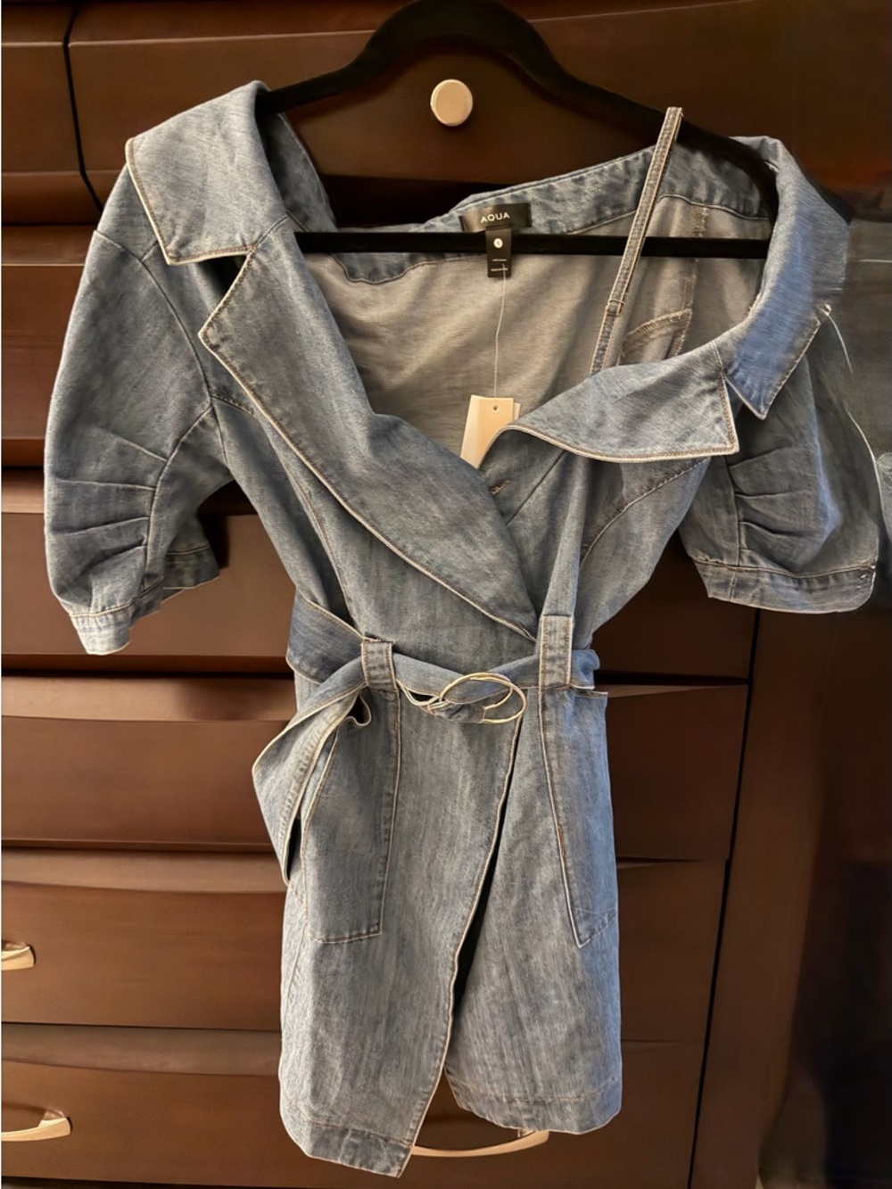 Aqua Denim Wrap Dress in Light Blue with Puff Sleeves